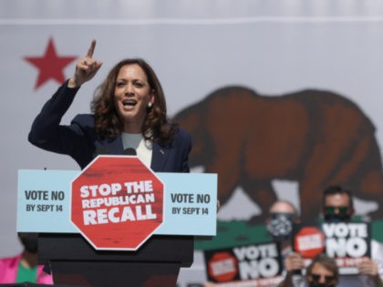 SAN LEANDRO, CALIFORNIA - SEPTEMBER 08: U.S. Vice President Kamala Harris speaks during a No on the Recall campaign event with California Gov. Gavin Newsom at IBEW-NECA Joint Apprenticeship Training Center on September 08, 2021 in San Leandro, California. With six days to go until the California recall election, Gov. …