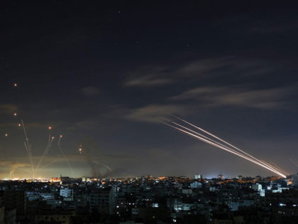 Israel's Iron Dome missile defense system intercepts rockets fired by Hamas from Gaza towards Israeli civilians early on May 16, 2021.(Mohammed Abed/AFP via Getty Images)