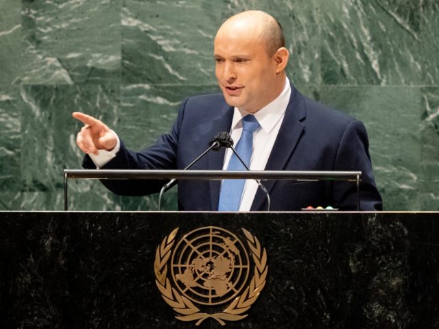 NEW YORK, NY - SEPTEMBER 27: Prime Minister of Israel Naftali Bennett addresses the 76th Session of the United Nations General Assembly on September 27, 2021 at U.N. headquarters in New York City. This year's session, which has been shortened due to Covid-19 restrictions, will highlight the global issues of …