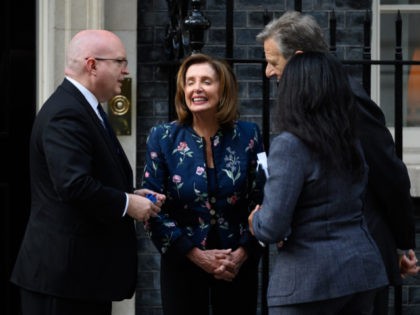 LONDON, ENGLAND - SEPTEMBER 16: US Ambassador to the UK Philip Reeker (L) speaks with US House Speaker Nancy Pelosi (C) and her husband Paul Pelosi following a meeting with Prime Minister Boris Johnson at Downing Street on September 16, 2021 in London, England. The speaker of the United States …