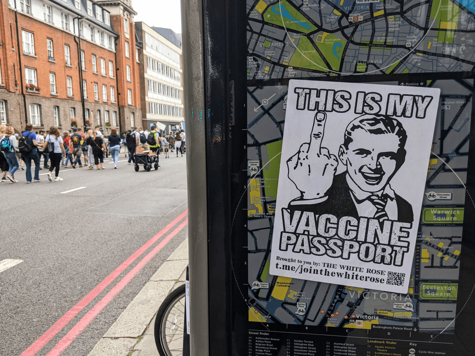 An anti-vaccine passport sticker seen at a protest against coronavirus restrictions in London. September 25th, 2021. Kurt Zindulka, Breitbart News