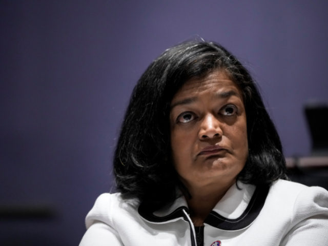 Rep. Pramila Jayapal (D-WA) listens as FBI Director Christopher Wray testifies during a House Judiciary Committee oversight hearing on Capitol Hill, June 10, 2021, in Washington, DC. (Drew Angerer/Getty Images)
