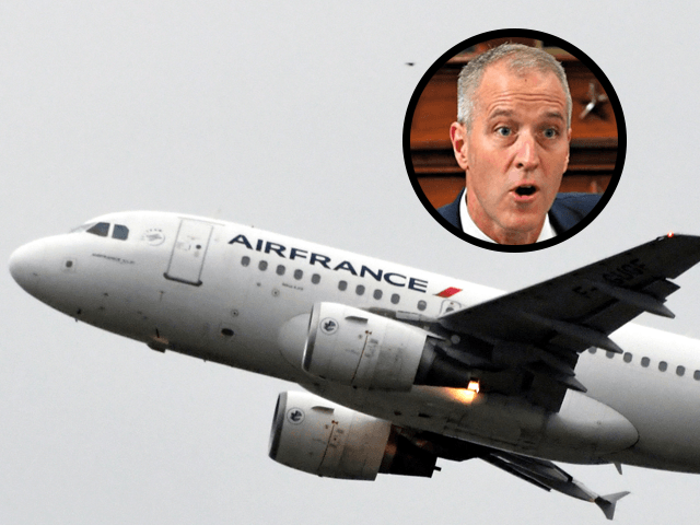 An Airbus A318-111 of French airline Air France (F-GUGF) is pictured after taking off from the Airbus delivery center, in Colomiers, near Toulouse, southwestern France, on November 15, 2019. (Pascal Pavani/AFP via Getty Images) Insert: Rep. Sean Patrick Maloney, D-NY, speaks during the House Permanent Select Committee on Intelligence public …