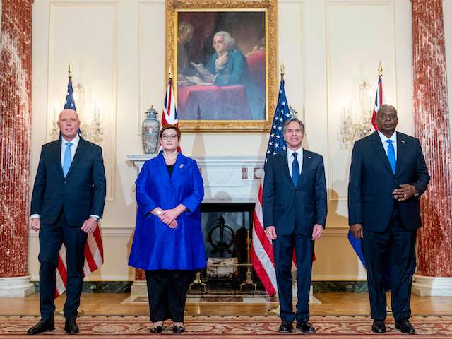 (L-R) Australian Defense Minister Peter Dutton, Foreign Minister Marise Payne, US Secretary of State Antony Blinken and Defense Secretary Lloyd Austin pose for a group photograph at the State Department in Washington, DC, on September 16, 2021. (Andrew Harnik/AFP via Getty Images)