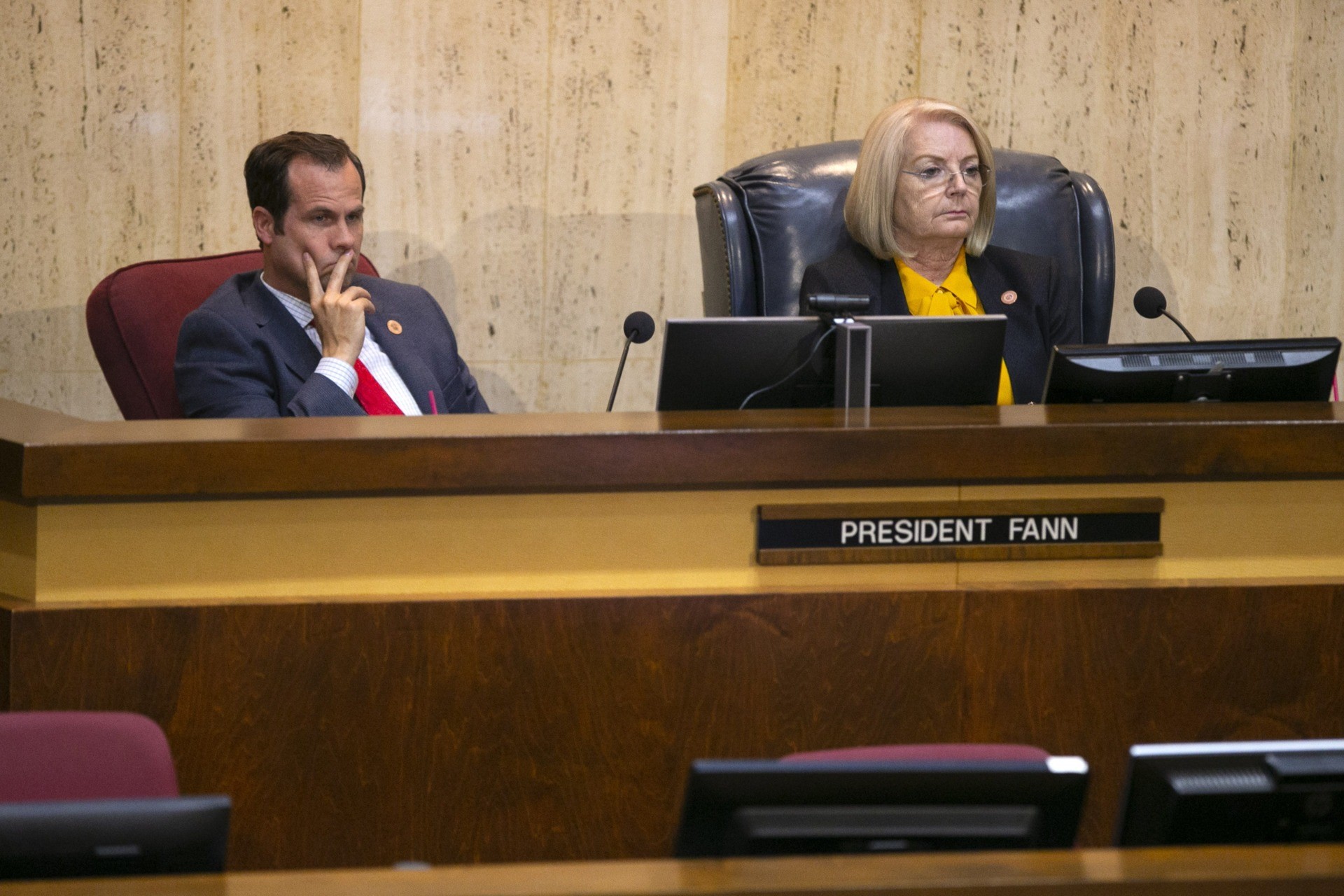 Senate President Karen Fann and Senate Judiciary Chairman Warren Petersen, the majority leader, listen during the presentation of the report on the election audit to Arizona lawmakers in the Senate chambers of the Arizona Capitol in Phoenix on Sept. 24, 2021.