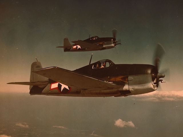 1943: Grumman F6F Hellcats of the American Airforce in WW II. Hellcats were developed in d