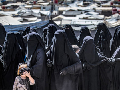 Women and a child queue to receive humanitarian aid packages at the Kurdish-run al-Hol cam