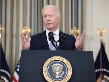WASHINGTON, DC - SEPTEMBER 24: U.S. President Joe Biden gestures as he delivers remarks on his administration’s COVID-19 response and vaccination program from the State Dining Room of the White House on September 24, 2021 in Washington, DC. President Biden announced that Americans 65 and older and frontline workers who …