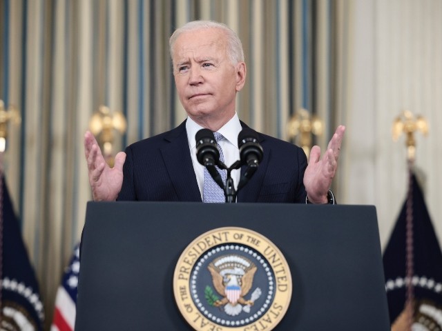 WASHINGTON, DC - SEPTEMBER 24: U.S. President Joe Biden gestures as he delivers remarks on his administration’s COVID-19 response and vaccination program from the State Dining Room of the White House on September 24, 2021 in Washington, DC. President Biden announced that Americans 65 and older and frontline workers who received the Pfizer-BioNTech COVID-19 vaccine over six months ago will be eligible for booster shots. (Photo by Anna Moneymaker/Getty Images)