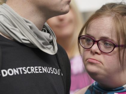 Campaigner Heidi Crowter looks on after speaking to the media after her court case, outside the High Court in London, Thursday, Sept. 23, 2021. A woman with Down’s syndrome has lost a court challenge against the British government over a law allowing the abortion up until birth of a foetus …