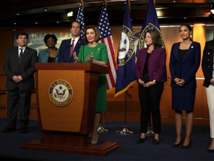 WASHINGTON, DC - JUNE 16: U.S. Speaker of the House Rep. Nancy Pelosi (D-CA) (4th L) speaks as (L-R) Rep. Vicente Gonzalez (D-TX), Rep. Gwen Moore (D-WI), Rep. Jim Himes (D-CT), Rep. Angie Craig (D-MN), Rep. Alexandria Ocasio-Cortez (D-NY), and Rep. Sara Jacobs (D-CA) listen during a news conference at …