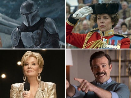 This combination of photos shows, from left, Pedro Pascal in "The Mandalorian," Olivia Colman in "The Crown," Jason Sudeikis in "Ted Lasso" and Jean Smart in "Hacks." (Disney+/Netflix/Apple TV+/HBO Max via AP)