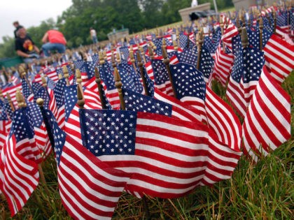 FAIRLESS HILLS, PA - JUNE 13: American flags are placed in the ground as part of the Donald W. Jones Flag Memorial June 13, 2003 in Fairless Hills, Pennsylvania. Sixty thousand flags will be placed in the size and shape of the Vietnam Veterans Memorial in Washington, DC. in remembrance …