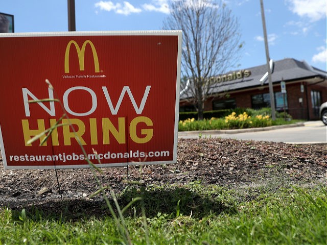 BATON ROUGE, LA - MAY 05: A now hiring sign is posted in front of a McDonalds restaurant on May 5, 2017 in Baton Rouge, Louisiana. According to a report by the Bureau of Labor Statistics, the unemployment rate fell to 4.4 percent as the US economy added 211,000 jobs …