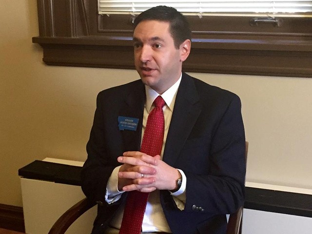 State Rep. Austin Knudsen, R-Culbertson, speaks about the impact of the failure to pass an infrastructure bill for eastern Montana communities affected by the Bakken oil boom, Tuesday, April 26, 2015, after the Legislature adjourned three days early in Helena, Mon. (AP Photo/Lisa Baumann)