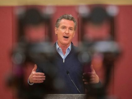 California Governor Gavin Newsom is live-streamed as he speaks at a press conference held at the Stribley Park Community Center in Stockton.CLIFFORD OTO/THE STOCKTON RECORD Newsompresser 172a 27148179
