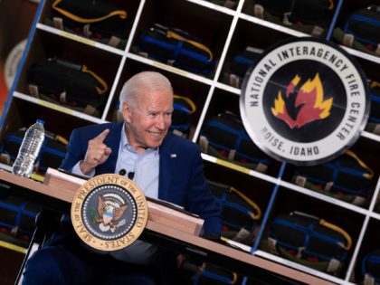 US President Joe Biden speaks during a briefing at the National Interagency Fire Center at Boise Airport on September 13, 2021, in Boise, Idaho. - US President Joe Biden kicked off a visit to scorched western states Monday to hammer home his case on climate change and big public investments, …