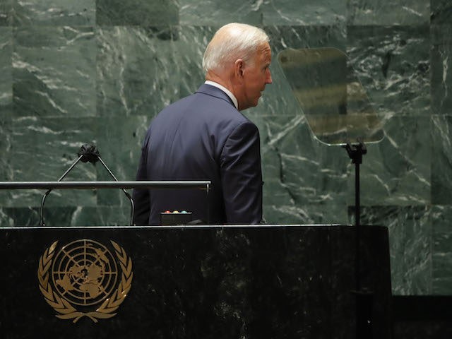 President Joe Biden departs after concluding his address to the 76th Session of the U.N. G