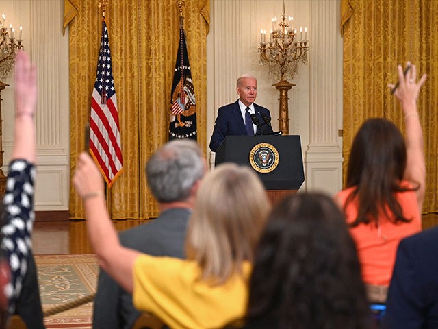 US President Joe Biden takes questions from the press as he delivers remarks on the terror attack at Hamid Karzai International Airport, and the US service members and Afghan victims killed and wounded, in the East Room of the White House, Washington, DC on August 26, 2021. (Photo by Jim …