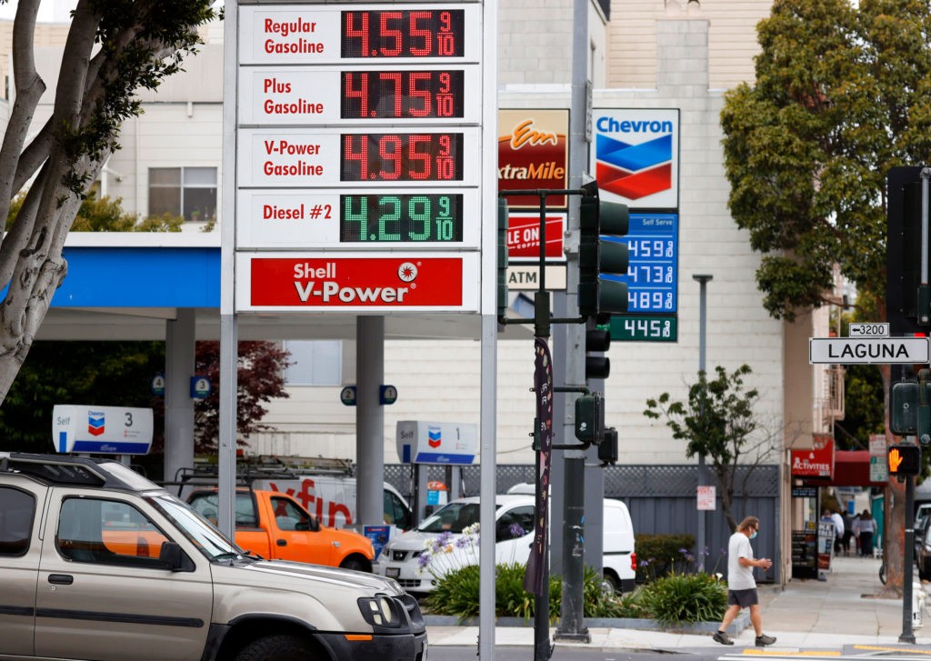 SAN FRANCISCO, CALIFORNIA - JULY 12: Gas prices nearing $5.00 a gallon are displayed at Chevron and Shell stations on July 12, 2021 in San Francisco, California. The price of gasoline in the San Francisco Bay Area is the highest in the nation with an average price of $4.46 for a gallon of regular in San Francisco. The statewide average in California is $4.30, the highest average in the state since 2012. (Photo by Justin Sullivan/Getty Images)