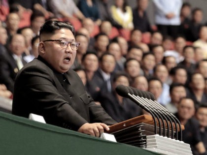 North Korean leader Kim Jong Un speaks after watch the gymnastic and artistic performance at the May Day Stadium on September 19, 2018, in Pyongyang, North Korea. (Pyeongyang Press Corps/Getty Images)