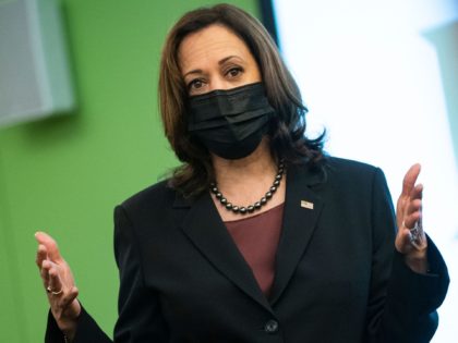 US Vice President Kamala Harris speaks to students in a political science class at George Mason University during a surprise visit to campus on September 28, 2021, in Fairfax, Virginia. - Harris visited the classroom and a voter registration table to encourage students to register to vote and to discuss …