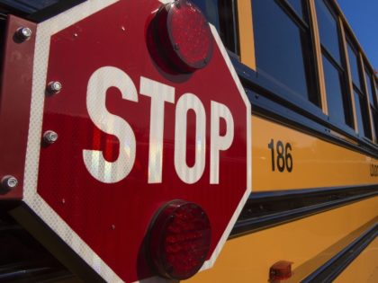 A school bus is seen during a safety event for children at Trailside Middle School, in Ash