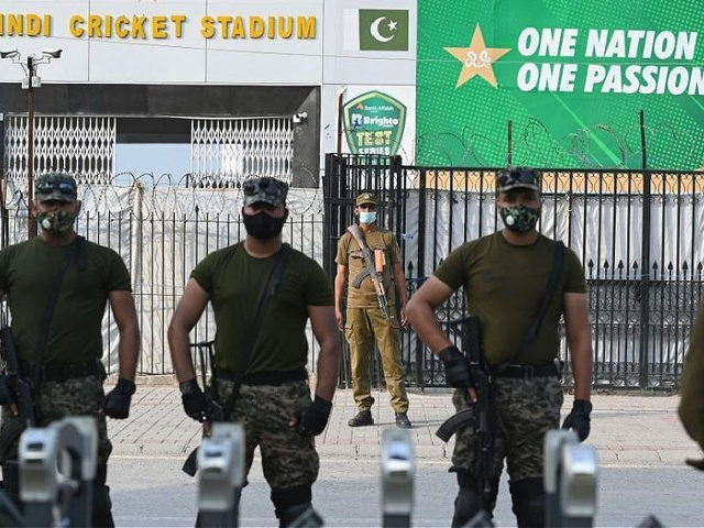 Paramilitary soldiers stand guard outside the Rawalpindi Cricket Stadium in Rawalpindi on