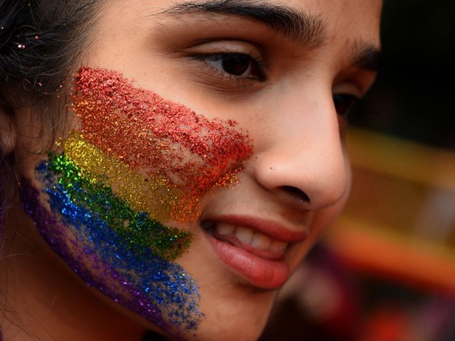 An Indian supporter of the lesbian, gay, bisexual, transgender (LGBT) community takes part in a pride parade in New Delhi on November 12, 2017. - Hundreds of members of the LGBT community marched through the Indian capital for the 10th annual Delhi Queer Pride Parade. (Photo by SAJJAD HUSSAIN / …