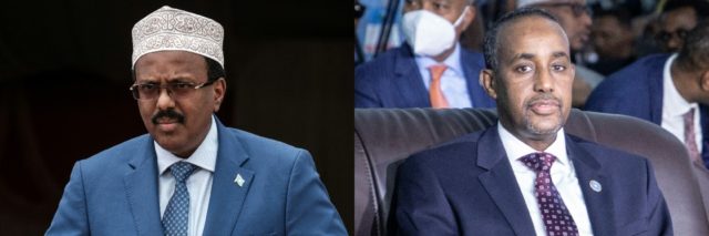 Somalia's President Mohamed Abdullahi Mohamed (l) and Prime Minister Mohamed Hussein Roble