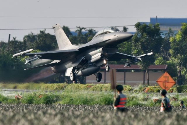 A US-made F16 fighter jet takes off from a motorway in Pingtung, southern Taiwan