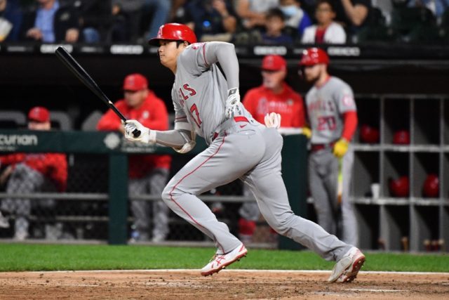 Los Angeles Angels star Shohei Ohtani takes off for first after hitting into a ground out
