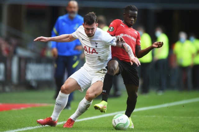 Pierre-Emile Hojbjerg (L) scored to earn Tottenham a 2-2 draw with Rennes