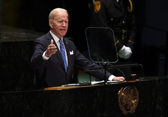 US President Joe Biden addresses the 76th Session of the UN General Assembly on September 21, 2021 in New York. (Photo by TIMOTHY A. CLARY/POOL/AFP via Getty Images)