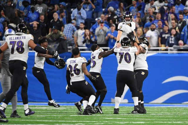 Justin Tucker is hoisted aloft by team-mates after kicking the longest field goal in NFL h