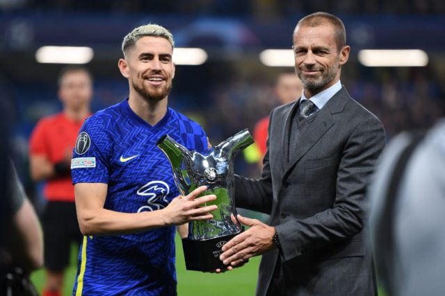 Chelsea midfielder Jorginho is presented with the UEFA men's player of the year award