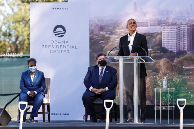 Barack Obama speaks during the ground breaking ceremony for his presidential library in Ch