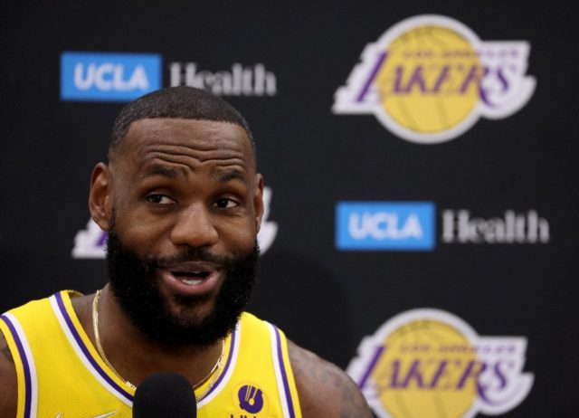 LeBron James speaking at the Los Angeles Lakers media day on Tuesday