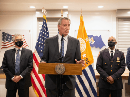 New York City Mayor Bill de Blasio speaks during a news conference at the Rikers Island correctional facility, Monday, Sept. 27, 2021, in New York. De Blasio visited Rikers Island after promising to observe the conditions at the beleaguered city jail complex. (AP Photo/Jeenah Moon)