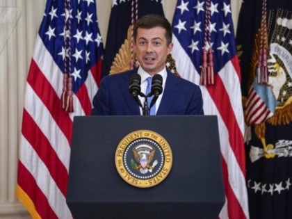 Transportation Secretary Pete Buttigieg speaks during an event to commemorate Pride Month,