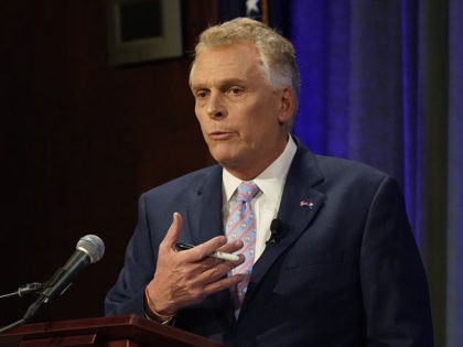 Democratic gubernatorial candidate and former governor Terry McAuliffe, gestures during a debate at the Appalachian School of Law in Grundy, Va., Thursday, Sept. 16, 2021. (AP Photo/Steve Helber)