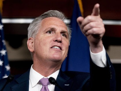 House Minority Leader Kevin McCarthy of Calif. takes a question from a reporter during his weekly press briefing on Capitol Hill, Thursday, Sept. 30, 2021, in Washington. (AP Photo/Andrew Harnik)