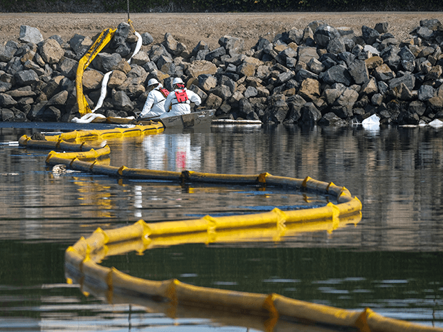 Crews deploy skimmers and floating barriers known as booms to try to stop further incursion into the Wetlands Talbert Marsh in Huntington Beach, Calif., Sunday., Oct. 3, 2021. One of the largest oil spills in recent Southern California history fouled popular beaches and killed wildlife while crews scrambled Sunday to contain the crude before it spread further into protected wetlands. (AP Photo/Ringo H.W. Chiu)