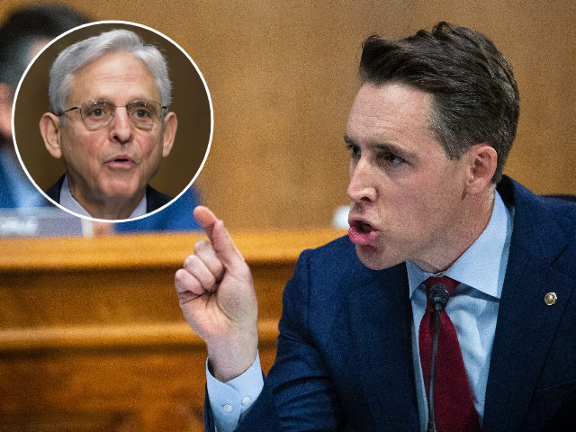 (INSET: Merrick Garland) Sen. Josh Hawley, R-Mo., questions Attorney General Merrick Garland during a Senate Judiciary Committee hearing examining the Department of Justice on Capitol Hill in Washington, Wednesday, Oct. 27, 2021. Sen. Ted Cruz, R-Texas, listens at left. (Tom Brenner/Pool via AP)
