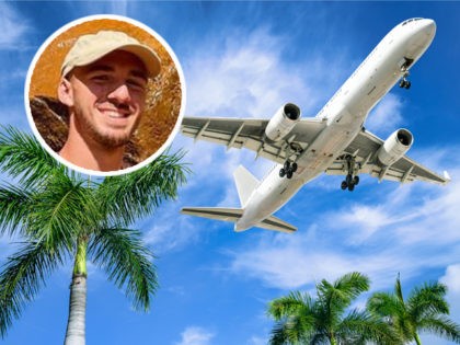 In this undated Getty Stock photo, a plane flies over palm trees. A photo of Brian Laundrie from his Instagram is inlaid. frankpeters/iStock Insert: @bizarre_design_/Instagram