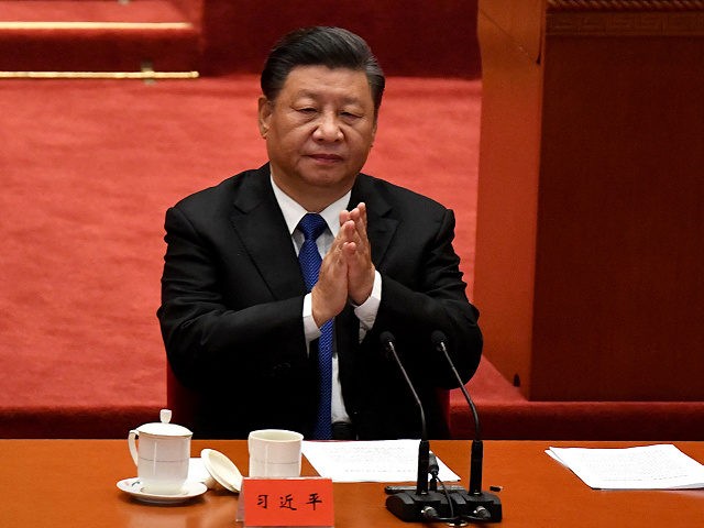 TOPSHOT - Chinese President Xi Jinping attends the commemoration of the 110th anniversary of the Xinhai Revolution which overthrew the Qing Dynasty and led to the founding of the Republic of China, at the Great Hall of the People in Beijing on October 9, 2021. (Photo by Noel Celis / …