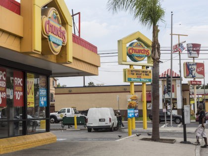 A Church's Chicken and KFC Drive Thru fast food restaurants line up in Los Angeles Wednesd