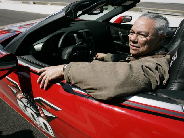 Former Secretary of State Colin Powell waits to drive the pace car at the Indianapolis Motor Speedway in Indianapolis, Saturday, April 16, 2005. Powell will drive a Chevrolet Corvette convertible pace car to lead the field to the start of the 89th running of the Indianapolis 500 on May 29, 2005. Former Indianapolis 500 winner Johnny Rutherford was riding with Powell.(AP Photo/Darron Cummings)