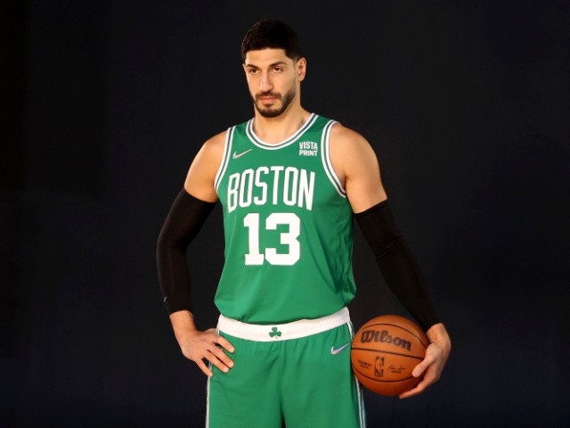 Boston Celtics center Enes Kanter poses for a photo during the Boston Celtics Media Day, Monday, Sept. 27, 2021, in Canton, Mass. (AP Photo/Mary Schwalm)