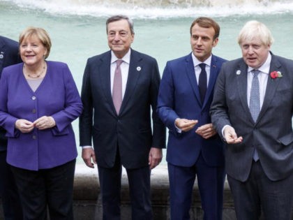 From left, German Chancellor Angela Merkel, Italian Premier Mario Draghi, French President